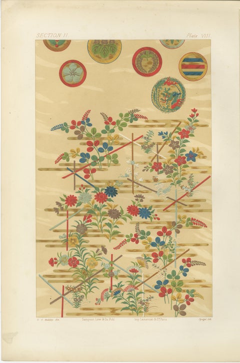 Japanese Floral Motifs on Golden Background: Antique Lithograph, 1880s, view 2