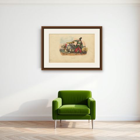 Antique Print of a Persian Gunner with a Camel, 1843, shown framed on a wall