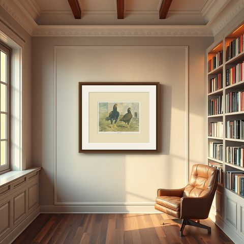 Antique Bird Print of Indian Game Chicken by André & Sleigh, circa 1900, shown framed in a room