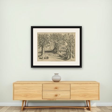 Botanical Marvels of India: Bamboo and Durian in De Bry's 1601 Copper Engraving, shown framed on a wall