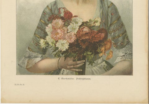 Portrait of a Flower Maiden, 19th-Century Chromolithograph by Warthmüller, close-up 1