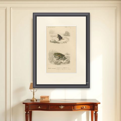Frog Print of Oval Engystoma and Green Toad, c.1850, by Orbigny, shown framed on a wall