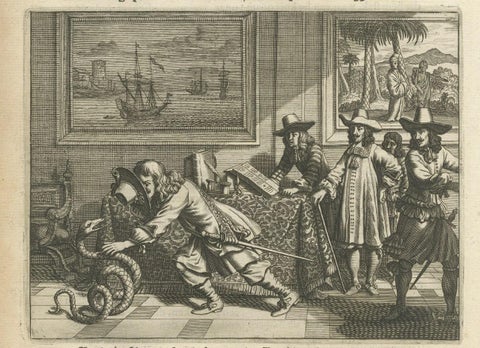 Rare Antique Print of the Catching of a Snake By Europeans in Asia, 1672, close-up 1