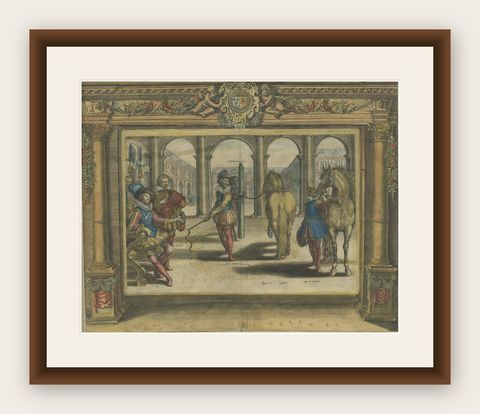 Antique Print of French Men Training Two Horses Near The Louvre, France, 1627, shown framed