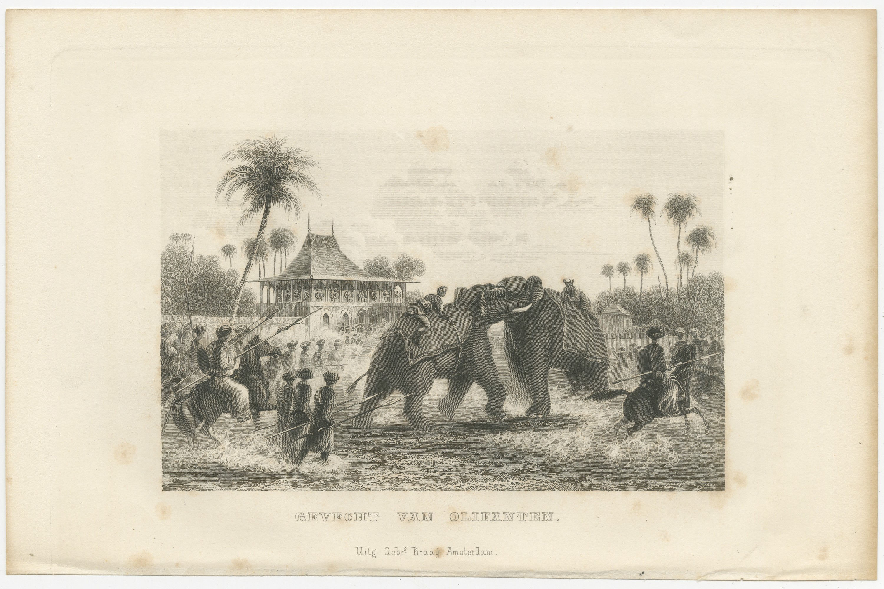 Elephant Fight in India, Spearmen and Horsemen, Antique Engraving, 1859, view 2