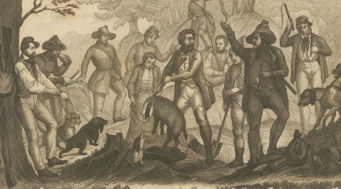 Badger and Otter Hunt, Antique German Engraving, circa 1840, close-up 2