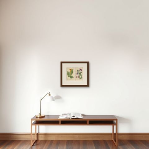 1897 Decorative Old Botanical Prints, Datura Sanguinea and Hybrid Petunias, shown framed on a wall