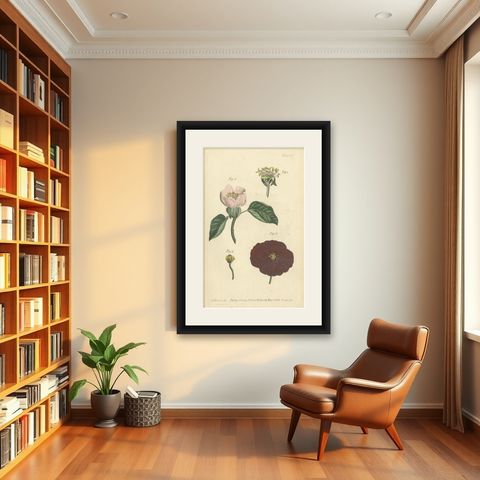 Antique Botanical Engraving of Apple Blossom and Mallow - 1803 Floral Print, shown framed in a room