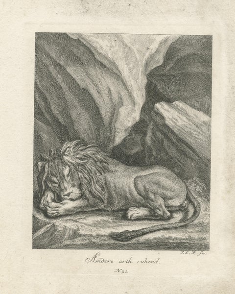 Antique Print of a sleeping Lion in a mountainous landscape, view 3