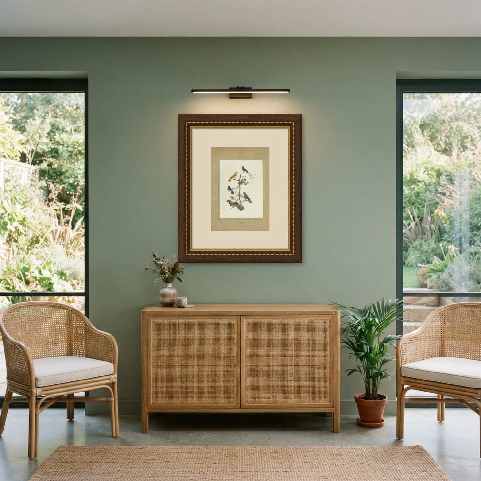 Finches and Seedeaters, Brazilian Bird Print, Descourtilz, 1944, shown framed in a room