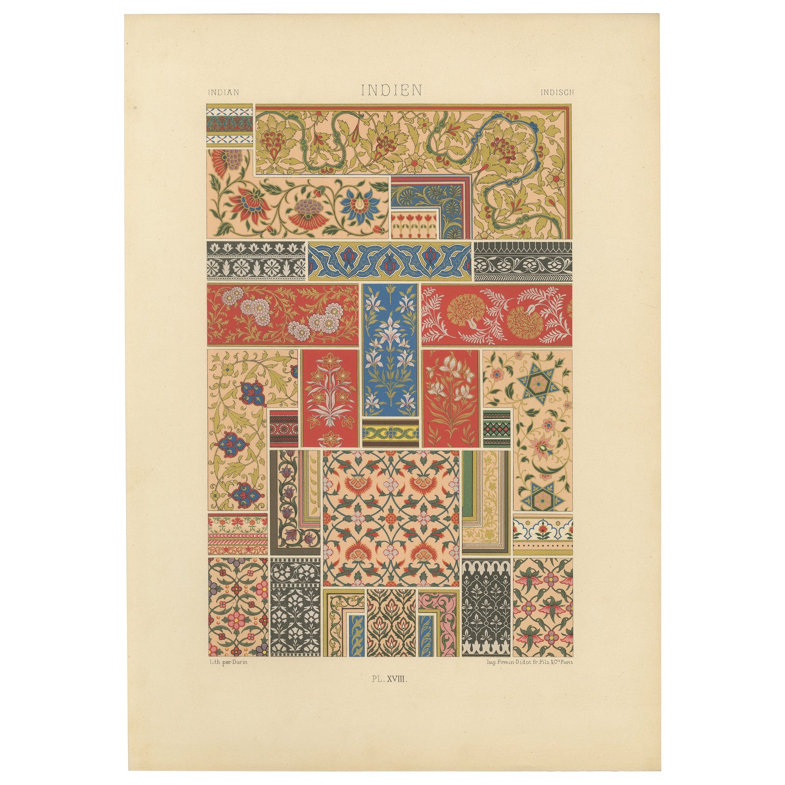Indian Floral Motifs, Antique Print of Decorative Patterns from India, c.1869