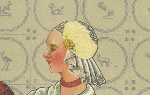 Friesland Gala Dress with Gold Caps and Coral, Dutch Print, 1932, close-up 2
