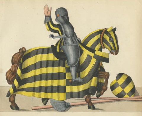 Hand-Coloured Jousting Litho: Knights on Striped and Starry Caparisoned Horses, close-up 4