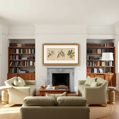 New Zealand Botanical Fruit Studies, Set of Three Lithographs, 1890, shown framed in a room