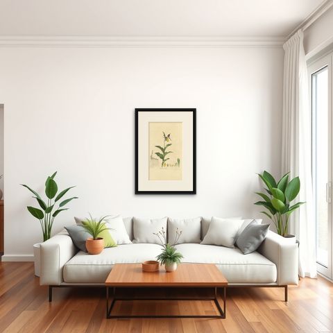 Antique Botany Print of Cypripedium Calceolus by Curtis, circa 1817, shown framed in a room