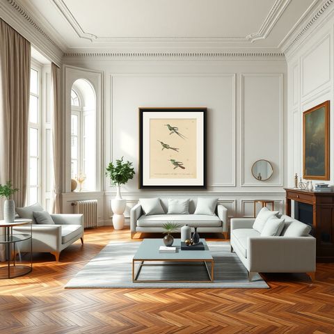 Hummingbird Engravings by Huet and Prêtre: Langsdorff, Chalybeate, Unique-tailed, shown framed in a room
