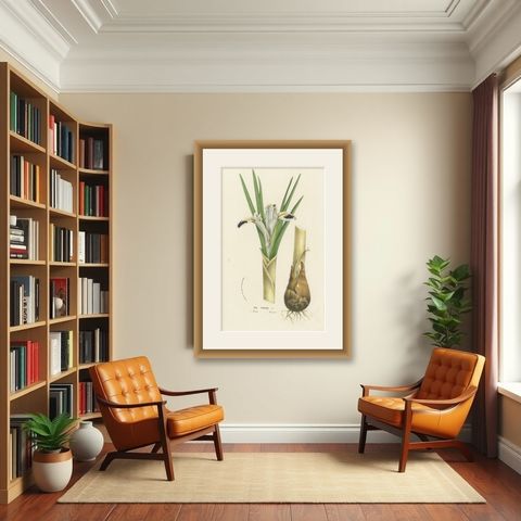 Botanical Illustration of Persian Iris: Iris persica from Iran, c.1855, shown framed in a room