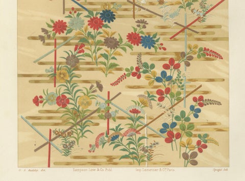 Japanese Floral Motifs on Golden Background: Antique Lithograph, 1880s, close-up 5
