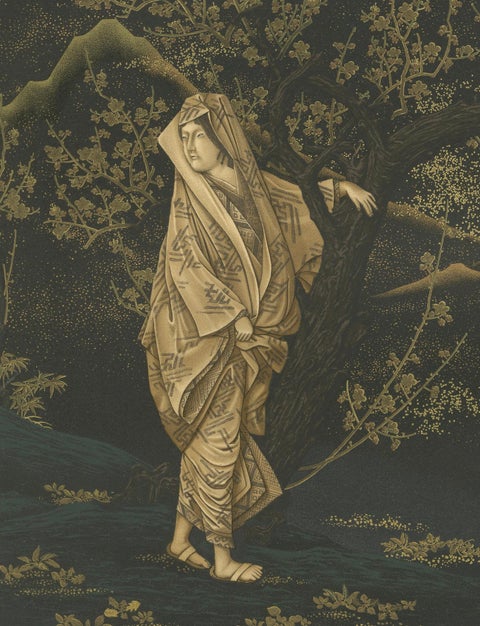 Japanese Woman in Plum Blossom Grove: Antique Lithograph, 1880s, close-up 3