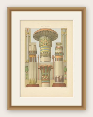 Pl. 2 Print of Egyptian Columns with Plant Motifs by Racinet 'circa 1890', shown framed