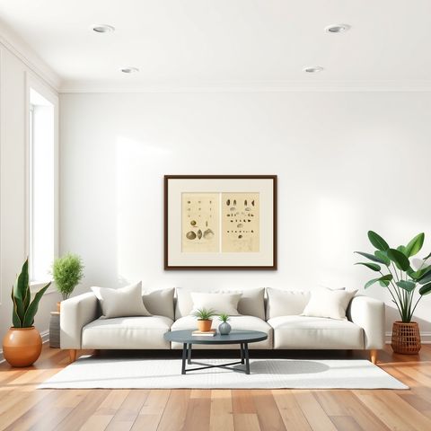 Antique Conchology Prints, Greenland Bivalves and Modiolaria Shells, 1842, shown framed in a room
