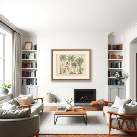 Antique Palm Tree Botanical Print, Exotic Tropical Plate, German Atlas 1885, shown framed in a room