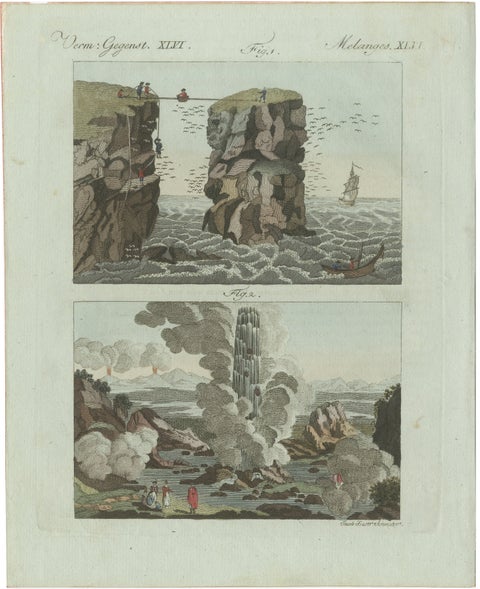 Original Antique Print of Iceland Geyser, Hekla and Orkney Bird Catchers, 1802