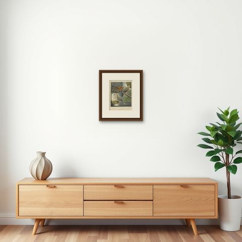 Antique Bird Print of the Lizard Canaries Golden Spangled and Others, circa 1880, shown framed on a wall