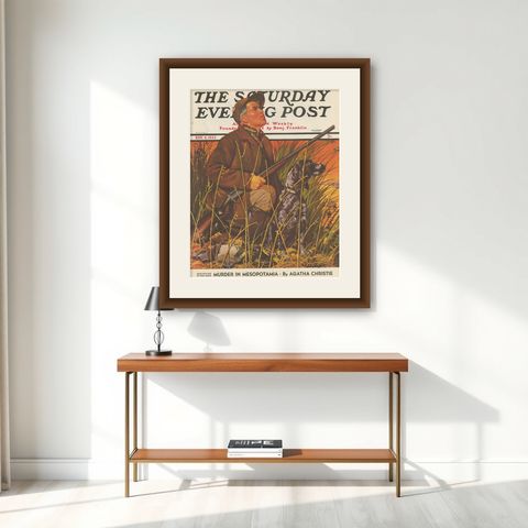 Vintage Print of a Hunter and his Dog 'The Saturday Evening Post' '1935', shown framed on a wall