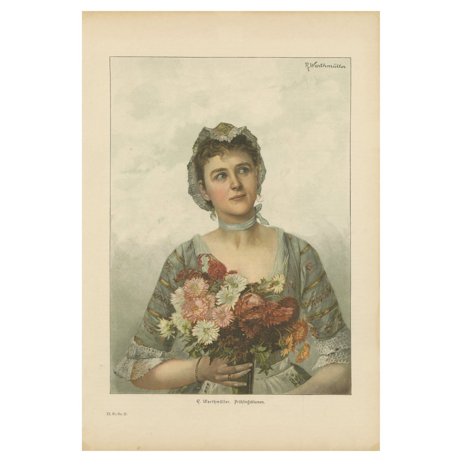 Portrait of a Flower Maiden, 19th-Century Chromolithograph by Warthmüller