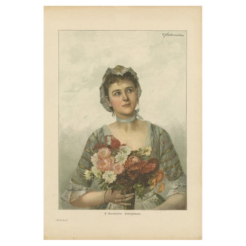 Portrait of a Flower Maiden, 19th-Century Chromolithograph by Warthmüller
