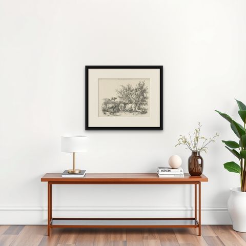 Antique Print of Cattle by Cooper, circa 1839, shown framed on a wall