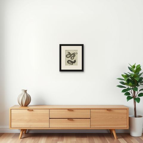 Antique Handcolored Engraving of Snakes, c.1800, shown framed on a wall