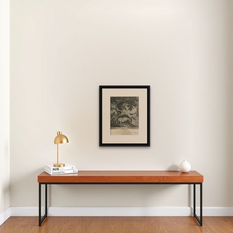 Antique Print of an Indian Wolf by Ridinger, c.1745, shown framed on a wall