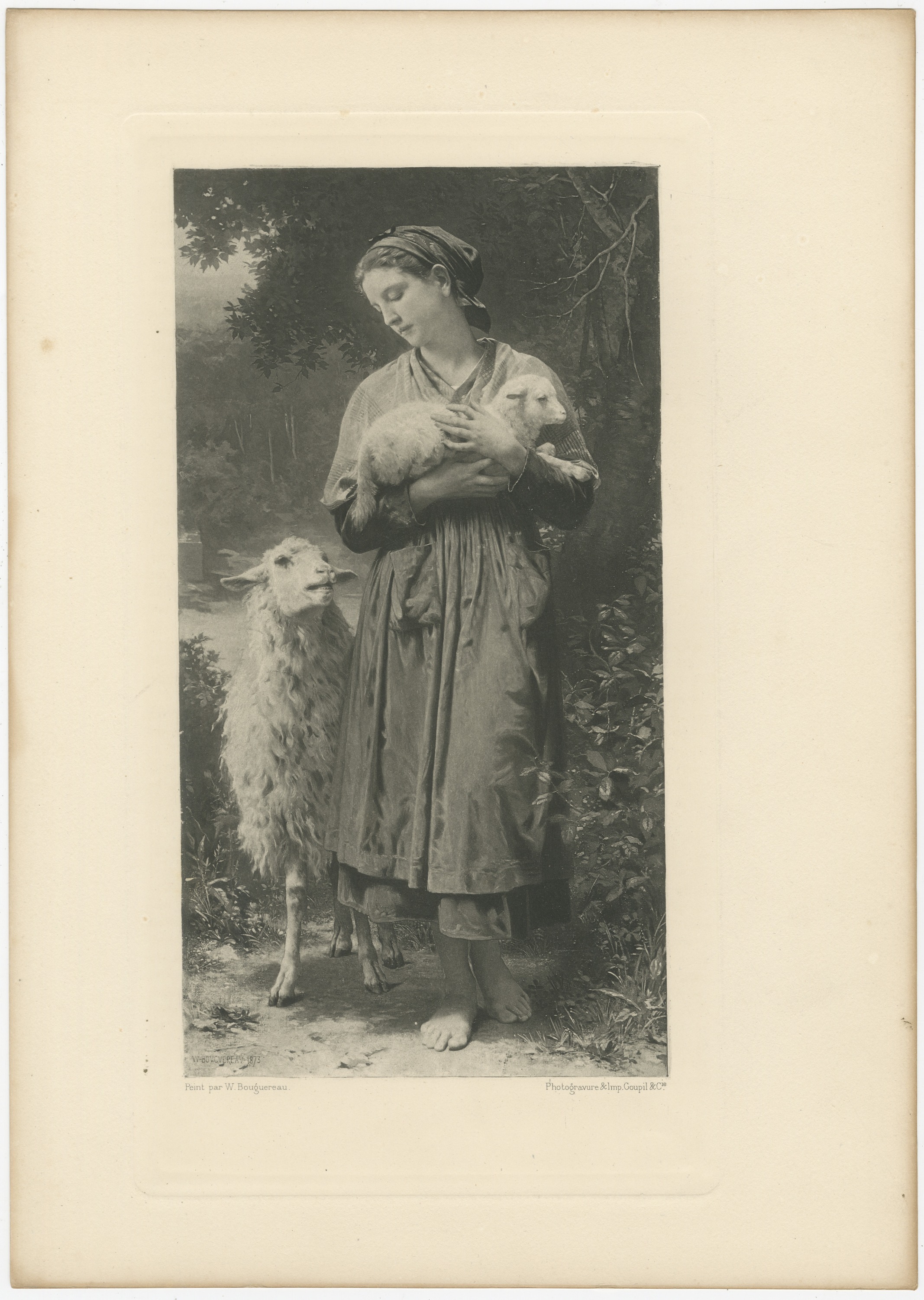 The Newborn Lamb after William Bouguereau, Antique Photogravure, circa 1880, view 2