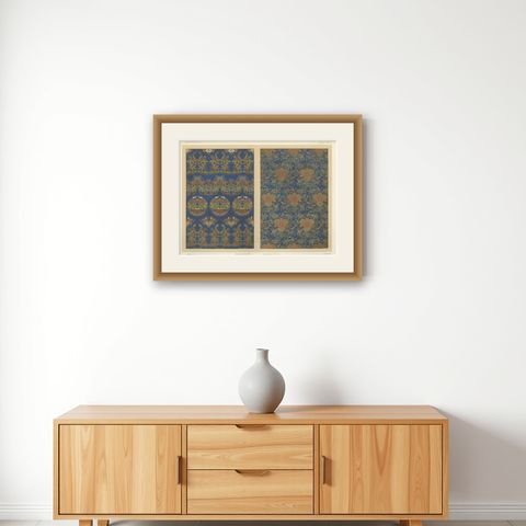 Japanese Chrysanthemum and Cloud Patterns: Antique Lithograph, 1880s, shown framed on a wall