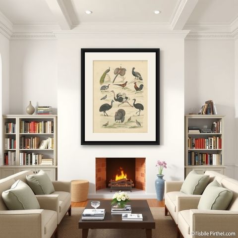 Game Birds & Flightless Birds Print: Peacock, Ostrich, Cassowary, Antique 1867, shown framed in a room