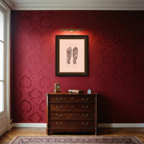 The Sciatic Nerve in the Thigh, Antique Hirschfeld Anatomy Print, 1866, shown framed in a room