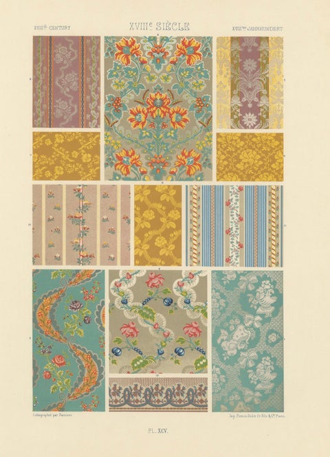 18th Century French Textile Patterns, Floral and Striped Rococo Fabrics, 1869, close-up 6