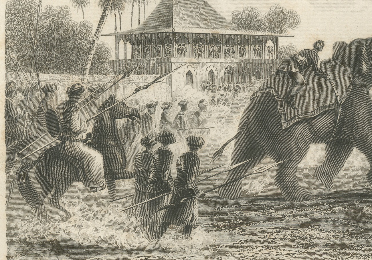 Elephant Fight in India, Spearmen and Horsemen, Antique Engraving, 1859, view 3