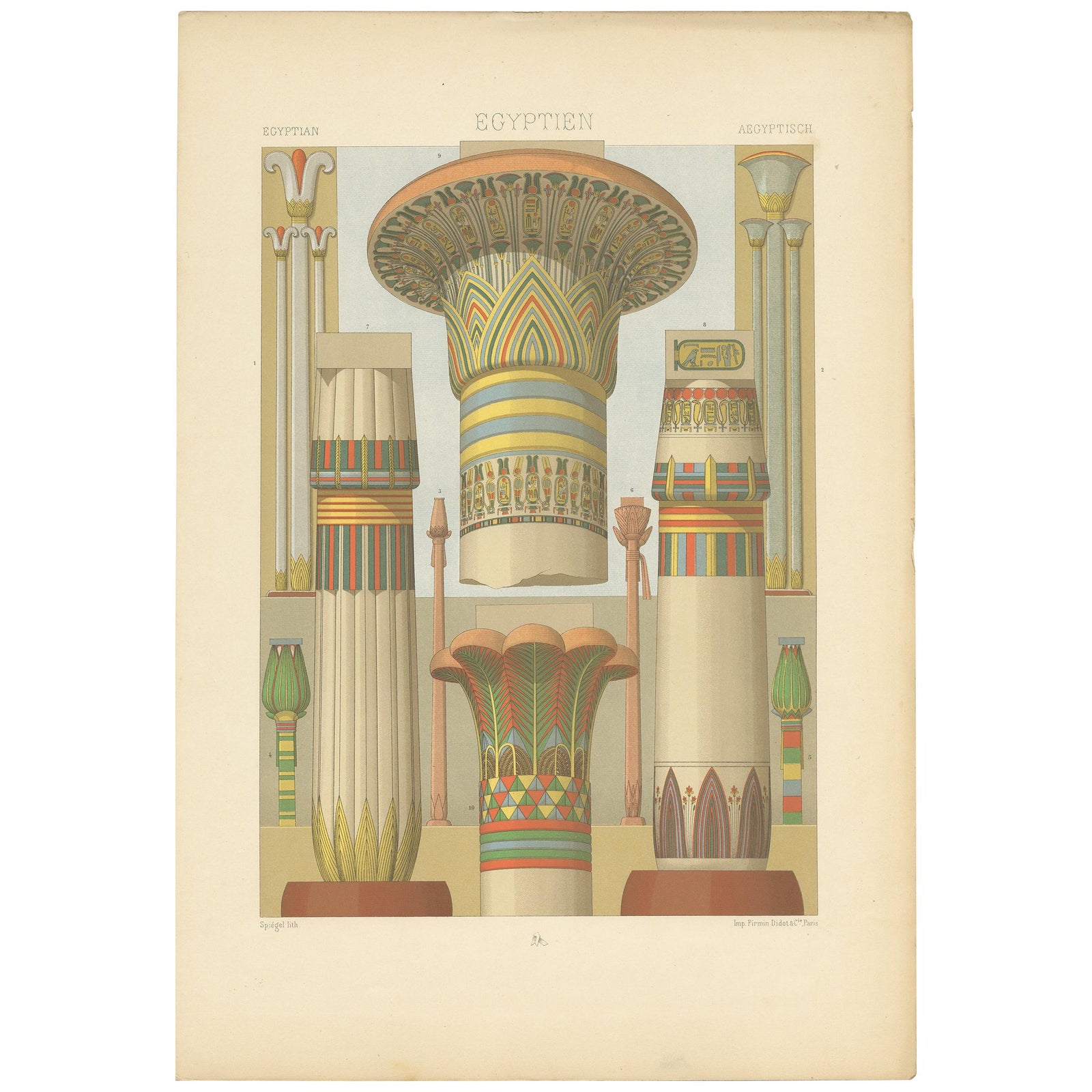 Pl. 2 Print of Egyptian Columns with Plant Motifs by Racinet 'circa 1890'