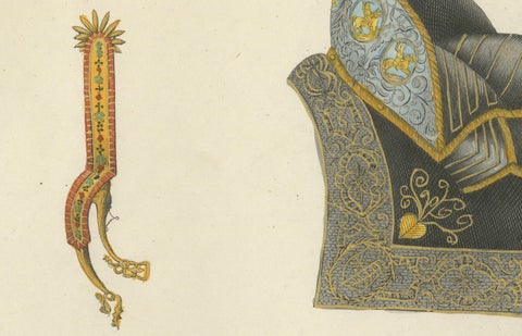 Hand-Coloured Lithograph of Ornate Medieval Horse Saddles and Stirrups, 1842, close-up 4