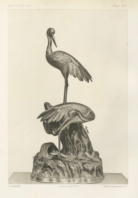 Elegant Cranes on Ornamental Base, Heliographic Japanese Art by Audsley, 1884, close-up 5