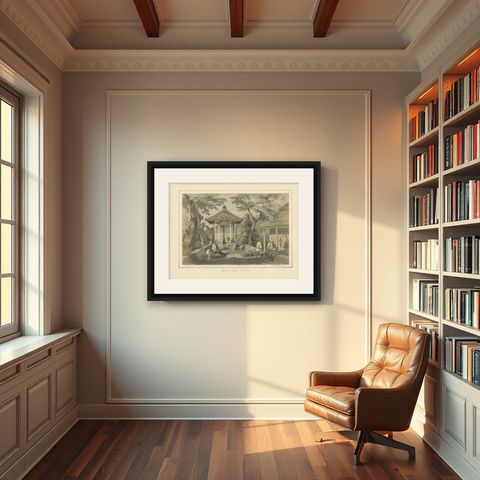 Antique Print of the Mariners Temple in Shimoda by Hawks, 1856, shown framed in a room