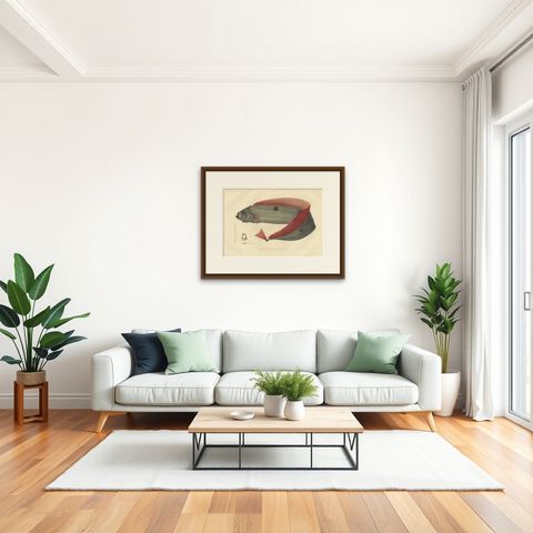 Rare Handcolored Fish Print of the Trachipterus trachypterus, a Ribbonfish, 1842, shown framed in a room