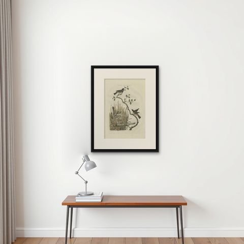 Rare 18th Century Bird Print, Marsh Tit and Nest Scene by Sepp & Nozeman, shown framed on a wall