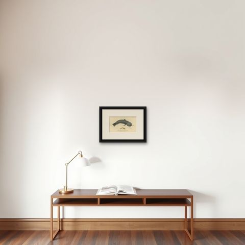 Antique Print with Hand Coloring of Catfish species, shown framed on a wall