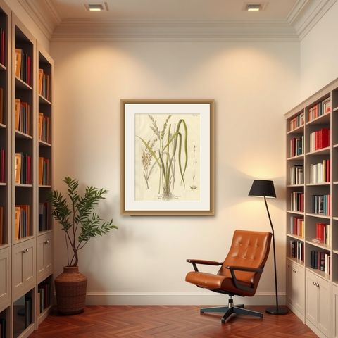 Antique Rice Botanical Print, Oryza Sativa, Hand Colored, c.1831, shown framed in a room