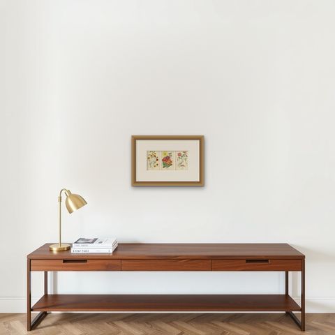 Antique Botanical Prints: Coreopsis, Single Dahlia & Cosmos Bipinnatus, 1897, shown framed on a wall