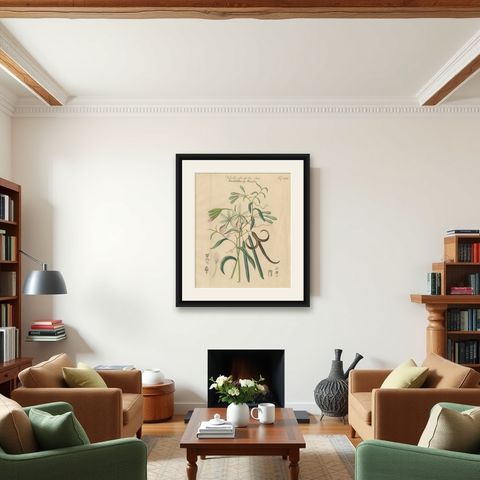 Antique Vanilla Botanical Print, Vanilla Planifolia, Hand Colored, c.1831, shown framed in a room